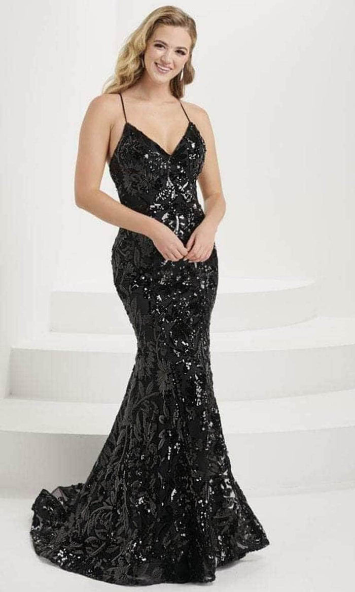 Tiffany Designs 16077 - Foliage Sequin Mermaid Evening Gown Evening Dresses 0 / Black