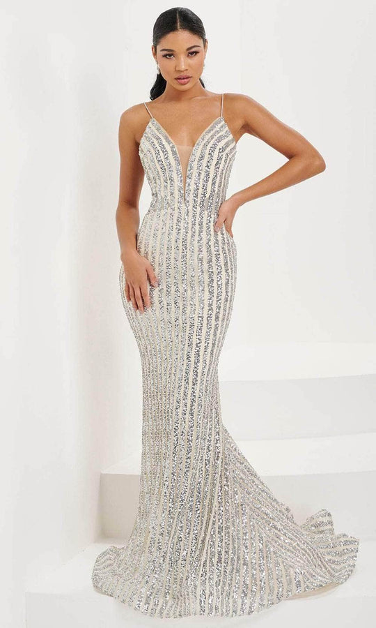 Tiffany Designs 16092 - Striped Sequin Plunging Evening Gown