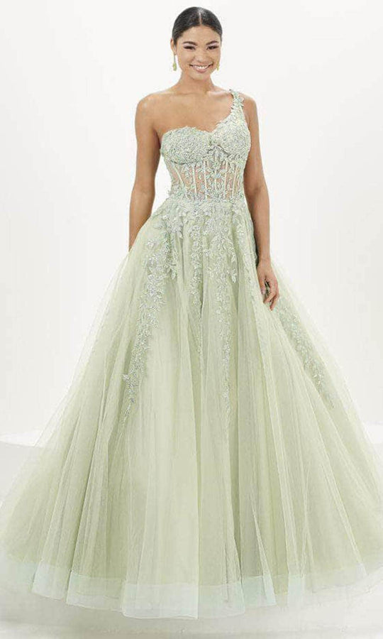 Tiffany Designs 16096 - Asymmetric Floral Embroidered Evening Gown