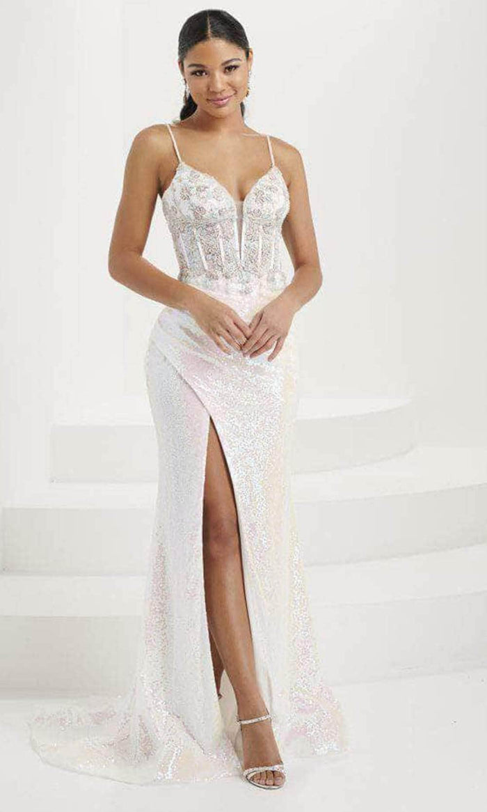 Tiffany Designs 16100 - Iridescent Sequin Plunging Evening Gown Evening Dresses 0 / Ivory Ab Multi