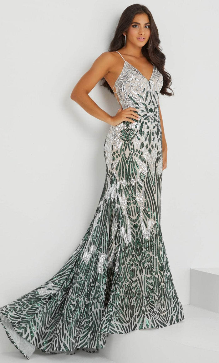 Tiffany Designs by Christina Wu 16023 - Two-toned Sequined Prom Gown Prom Dresses 0 / Silver/Hunter