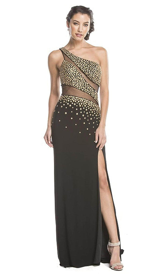 Trevi Collection - Asymmetrical Embellished Sheer Evening Dress Prom Dresses XXS / Black-Gold