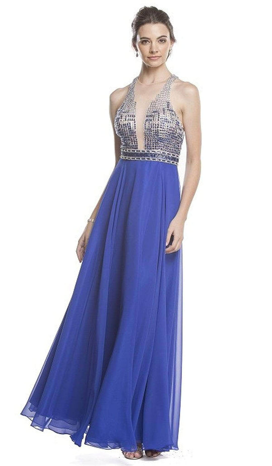 Trevi Collection - Beaded Illusion Halter A-Line Evening Dress