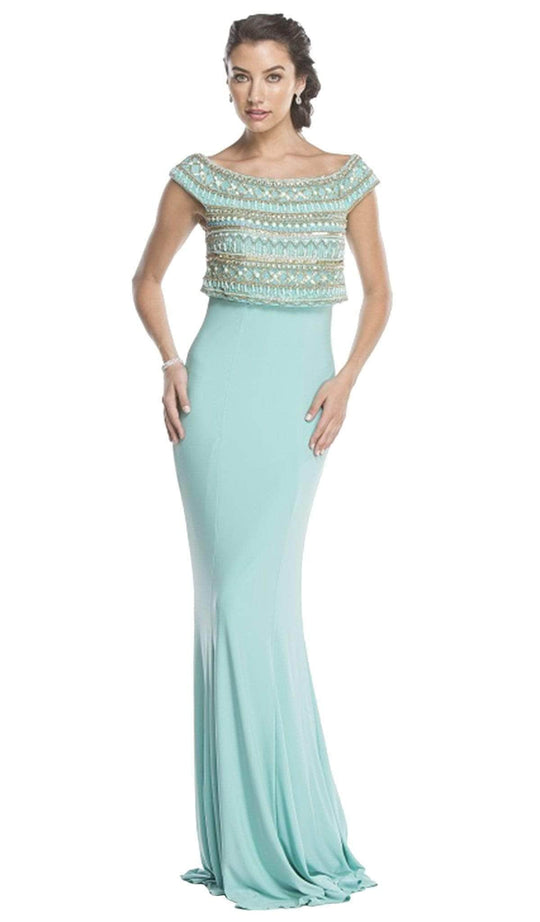 Trevi Collection - Bedazzled Bateau Neck Fitted Prom Dress Mother of the Bride Dresses XXS / Light-Aqua