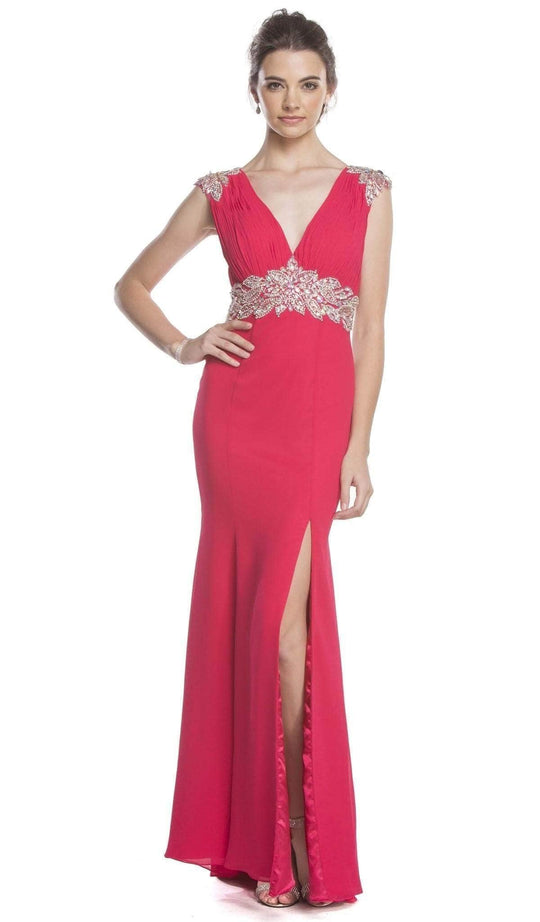 Trevi Collection - Crystal Embellished Fitted Evening Dress Prom Dresses XXS / Fuchsia
