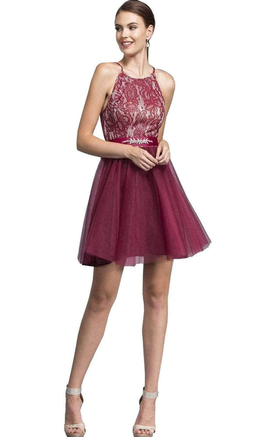 Trevi Collection - Short Halter Lace Bodice Dress D136