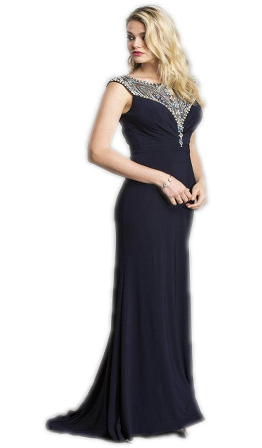 Trevi Collection - Embellished Cap Sleeves Fitted Evening Dress