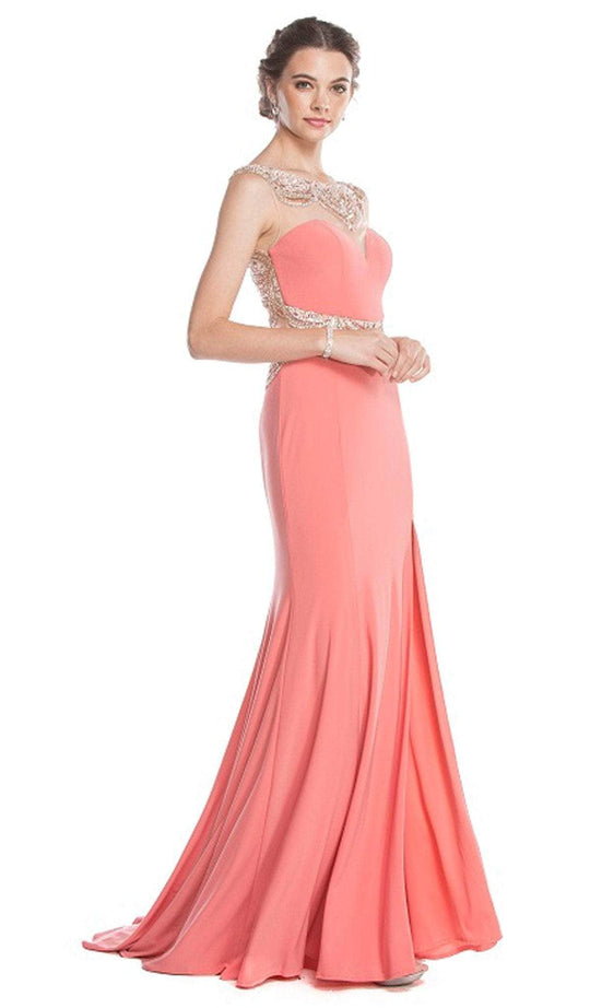 Trevi Collection - Embellished Illusion Bateau Fitted Prom Dress Prom Dresses XXS / Coral