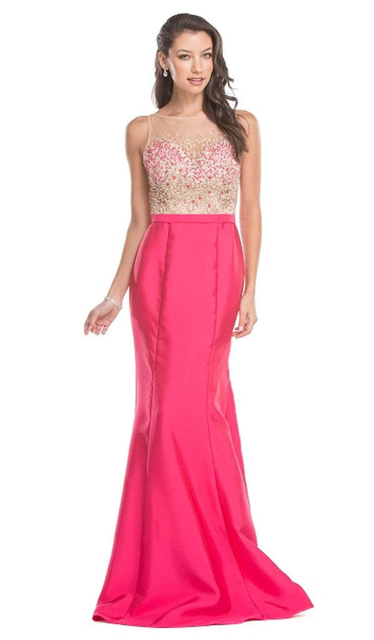Trevi Collection - Embellished Illusion Bateau Trumpet Prom Dress Prom Dresses XXS / Fuchsia