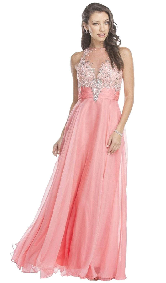 Trevi Collection - Embellished Illusion Bodice A-Line Prom Dress Prom Dresses XXS / Coral