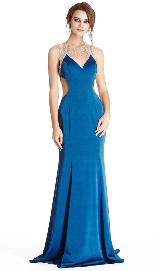 Trevi Collection - Embellished Illusion Jewel Neck Evening Dress Evening Dresses XXS / Teal