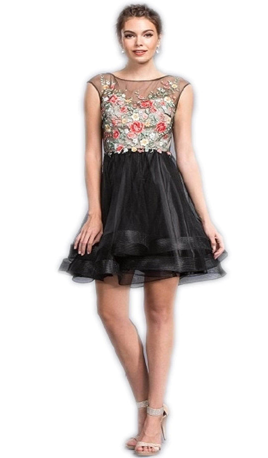 Trevi Collection - Embroidered Illusion Bateau Homecoming Dress Homecoming Dresses XXS / Black