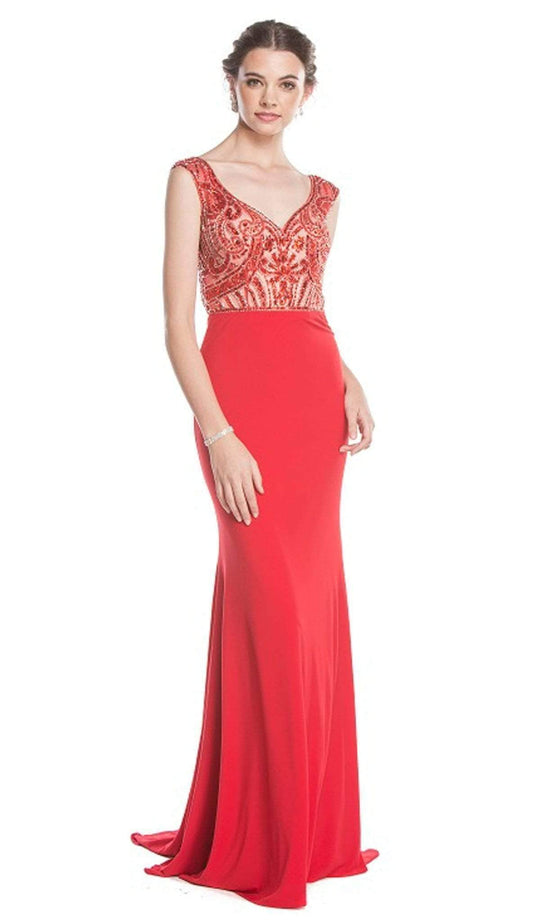 Trevi Collection - Embroidered Wide V-neck Sheath Evening Dress