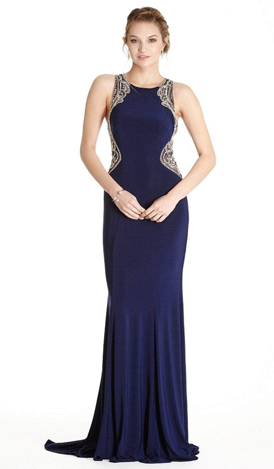 Trevi Collection Fitted Embellished Jewel Sheath Evening Gown L1806 Evening Dresses 2XL / Navy