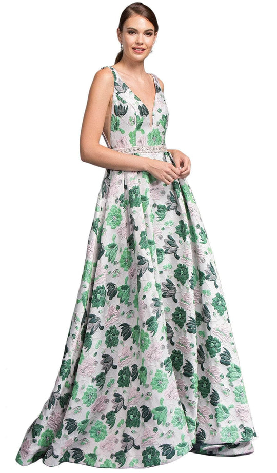 Trevi Collection - Floral Print Deep V-neck A-line Prom Dress