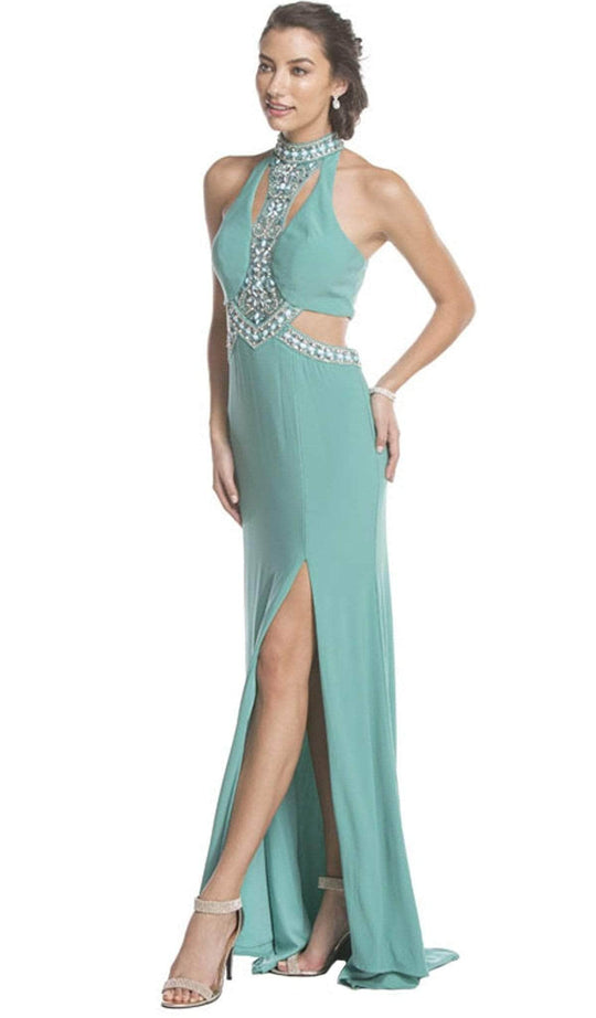 Trevi Collection - High Halter Cutouts Evening Dress Evening Dresses XXS / Jade