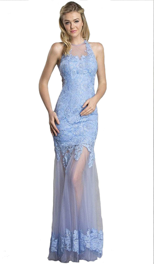 Trevi Collection - Illusion Applique Prom Dress L1432 - 1 pc Perry Blue In Size XS Available Prom Dresses XS / Perry Blue