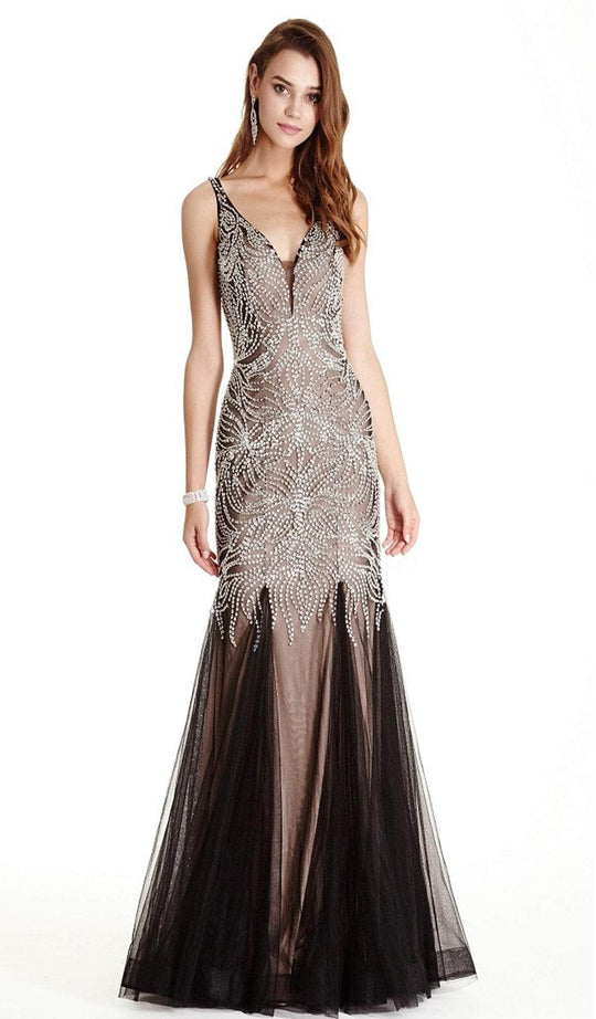 Trevi Collection - L1763 Sleeveless V-Shaped Back Prom Dress Prom Dresses S / Black Silver