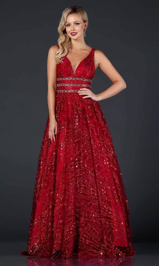 Trevi Collection - L2149 Beaded V Neck A-Line Gown