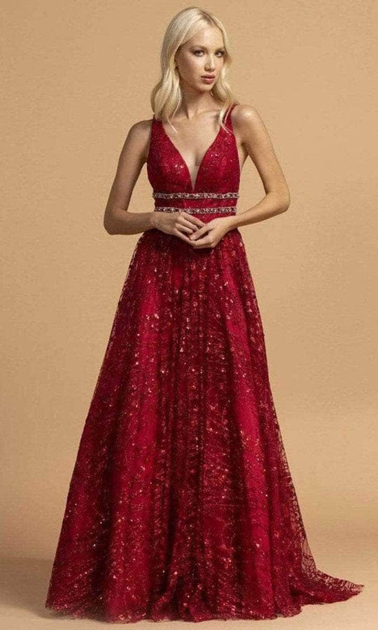 Trevi Collection - L2149 Sleeveless Plunging V-neck Long Gown Prom Dresses L / Burgundy