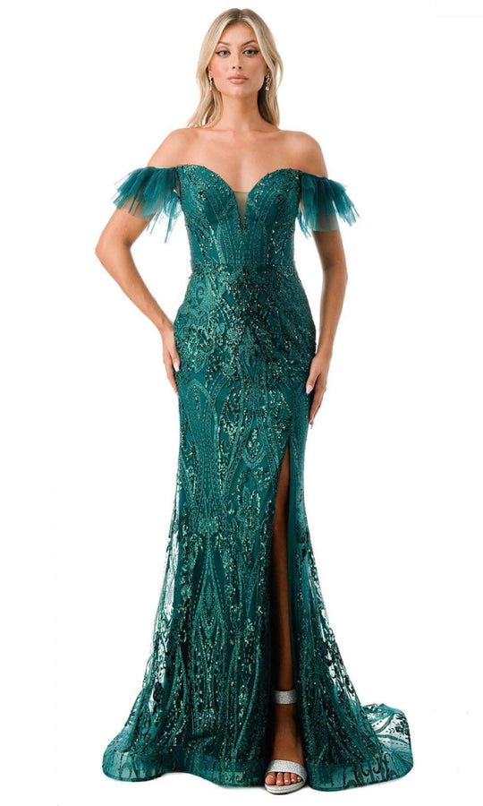 Trevi Collection L2786F - Ruffled Sleeve Embellished Evening Gown