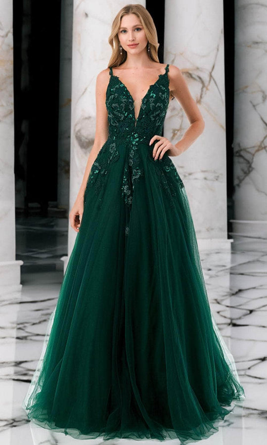 Trevi Collection L2811T - Lace Appliqued Plunging Evening Gown