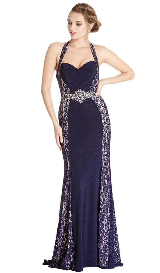 Trevi Collection - Lace Halter Sheath Evening Dress