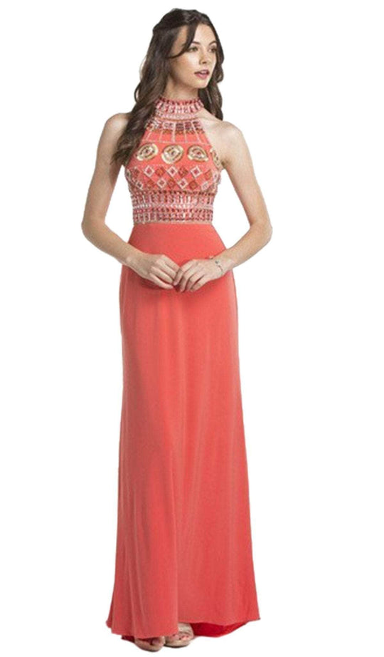 Trevi Collection - Multi-Beaded Halter Jersey Evening Dress Evening Dresses XXS / Coral