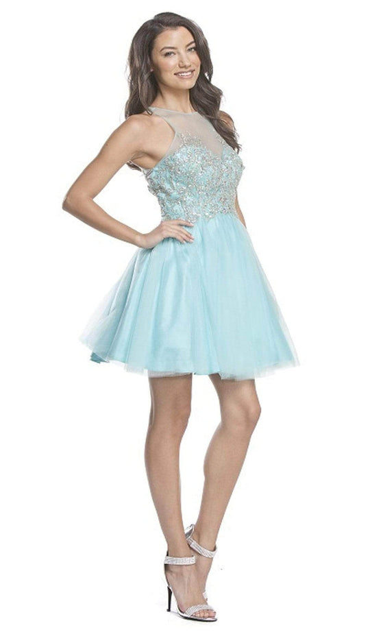 Trevi Collection - Ornate Sheer Halter A-line Homecoming Dress Homecoming Dresses XXS / Aqua