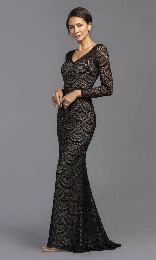 Trevi Collection - Scalloped Lace Formal Dress L2190 - 1 pc Black Nude In Size XS Available Winter Formals and Balls XS / Black Nude