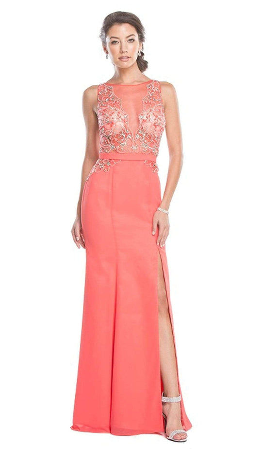 Trevi Collection - Sheer Embellished Trumpet Evening Dress Evening Dresses XXS / Coral