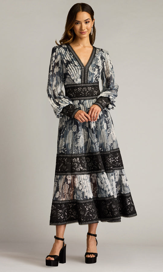 Tadashi Shoji CHP25186MD - Derby Pleated Chiffon V-Neck Midi Dress