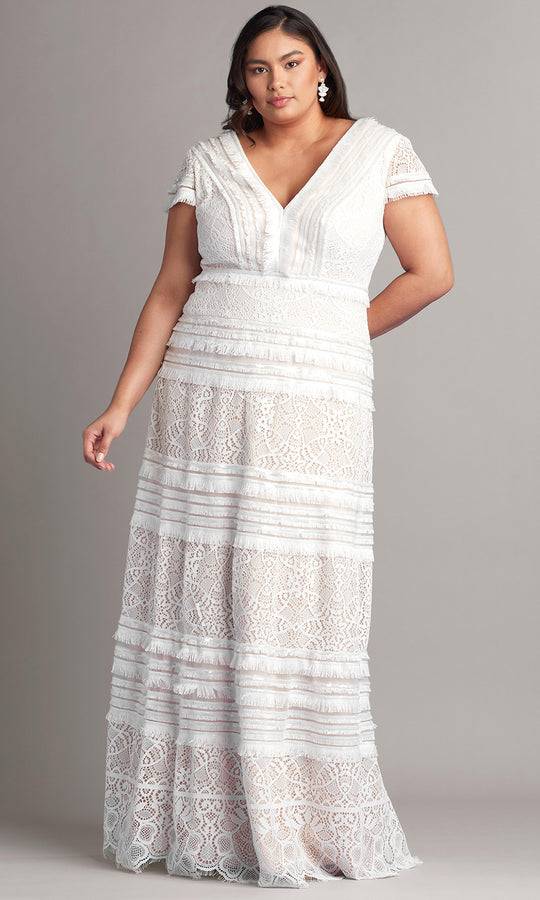 Tadashi Shoji BQU20696LBRQ - Frayed Trim V-Neckline Lace Formal Gown