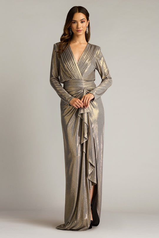 Tadashi Shoji BSJ25106L - Pomona Metallic Waterfall Flounce Column Gown