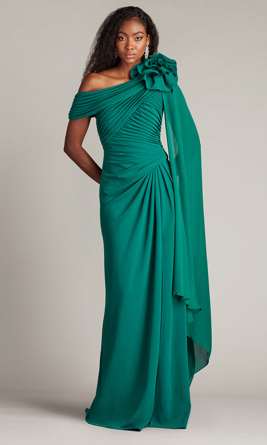 Tadashi Shoji BOS24012L - Kamari Draped Rosette Shoulder Evening Gown
