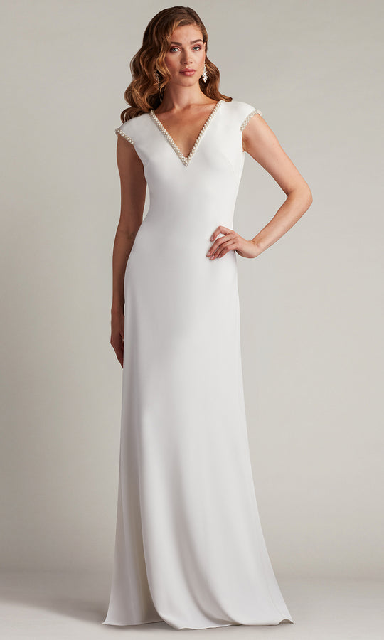Tadashi Shoji BOS25328LBR - Marcellina Pearl Trim Cap Sleeve Bridal Gown