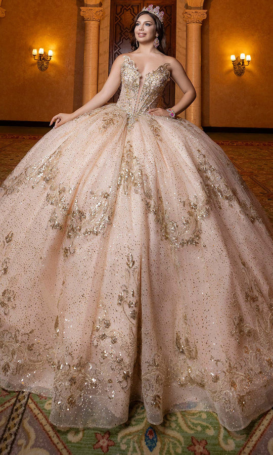 Vizcaya by Mori Lee 4080028 - Metallic Lace Plunging V-Neck Ballgown