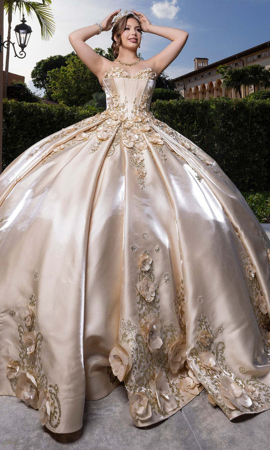 Vizcaya by Mori Lee 4080033 - Floral Applique Satin Pleated Ballgown