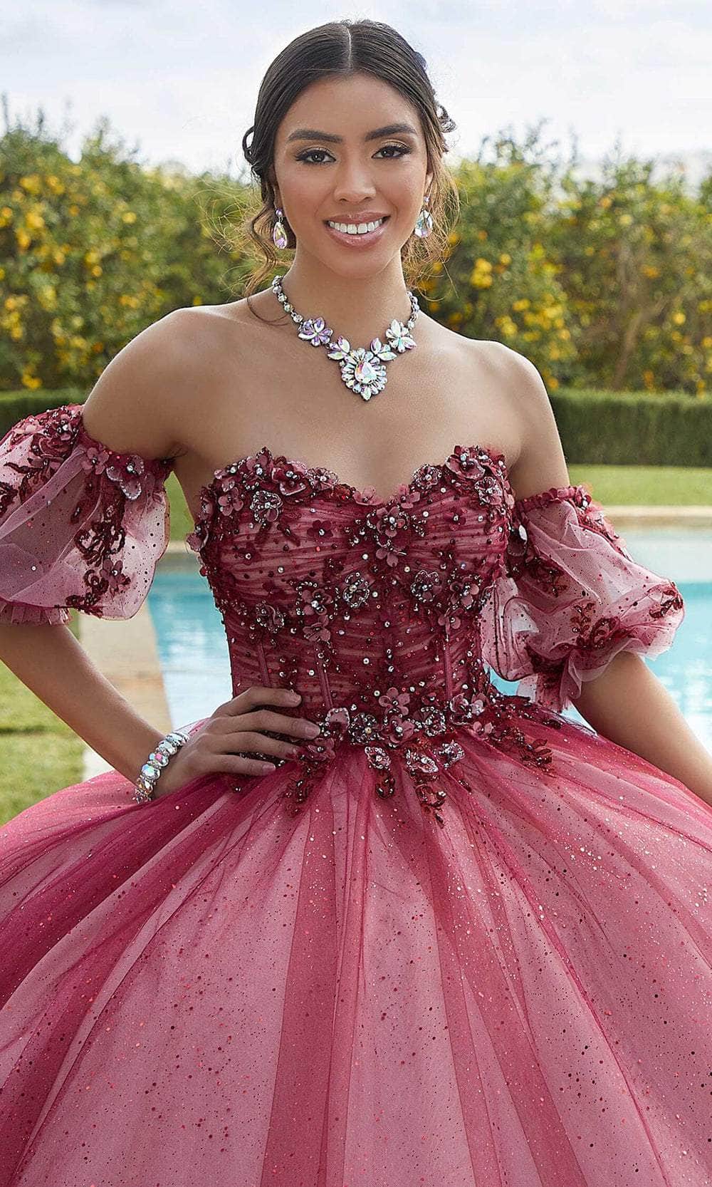 Vizcaya by Mori Lee 89421 - Long Glitter Tulle Ballgown Dress - Strapless, 3D Floral Applique, Beaded, Embroidery, Illusion Corset Bodice, Open Lace-Up Back, Chapel Train, Detachable Puff Sleeve, Matching Stole Included – Vizcaya by Mori Lee 89421 - Long Glitter Tulle Ballgown Dress - Strapless, 3D Floral Applique, Beaded, Embroidery, Illusion Corset Bodice, Open Lace-Up Back, Chapel Train, Detachable Puff Sleeve, Matching Stole Included –