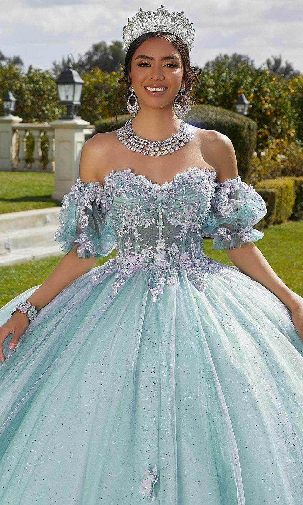 Vizcaya by Mori Lee 89421 - Long Glitter Tulle Ballgown Dress - Strapless, 3D Floral Applique, Beaded, Embroidery, Illusion Corset Bodice, Open Lace-Up Back, Chapel Train, Detachable Puff Sleeve, Matching Stole Included – Vizcaya by Mori Lee 89421 - Long Glitter Tulle Ballgown Dress - Strapless, 3D Floral Applique, Beaded, Embroidery, Illusion Corset Bodice, Open Lace-Up Back, Chapel Train, Detachable Puff Sleeve, Matching Stole Included –