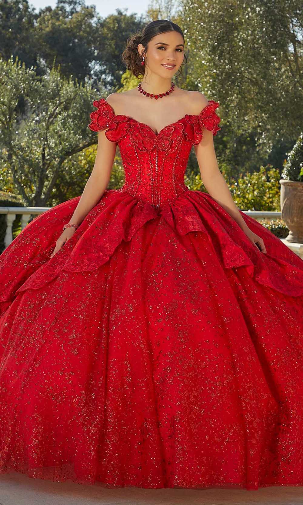 red butterfly quince dress Mori Lee 89431 Butterfly Neckline Peplum Skirt Sweet 16 Dress