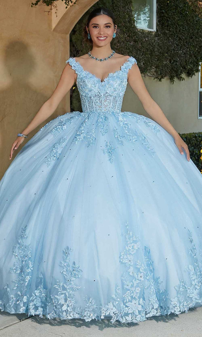 Vizcaya by Mori Lee 89432 - V-Neck Floral Lace Ballgown Ball Gowns 00 / Ltblue