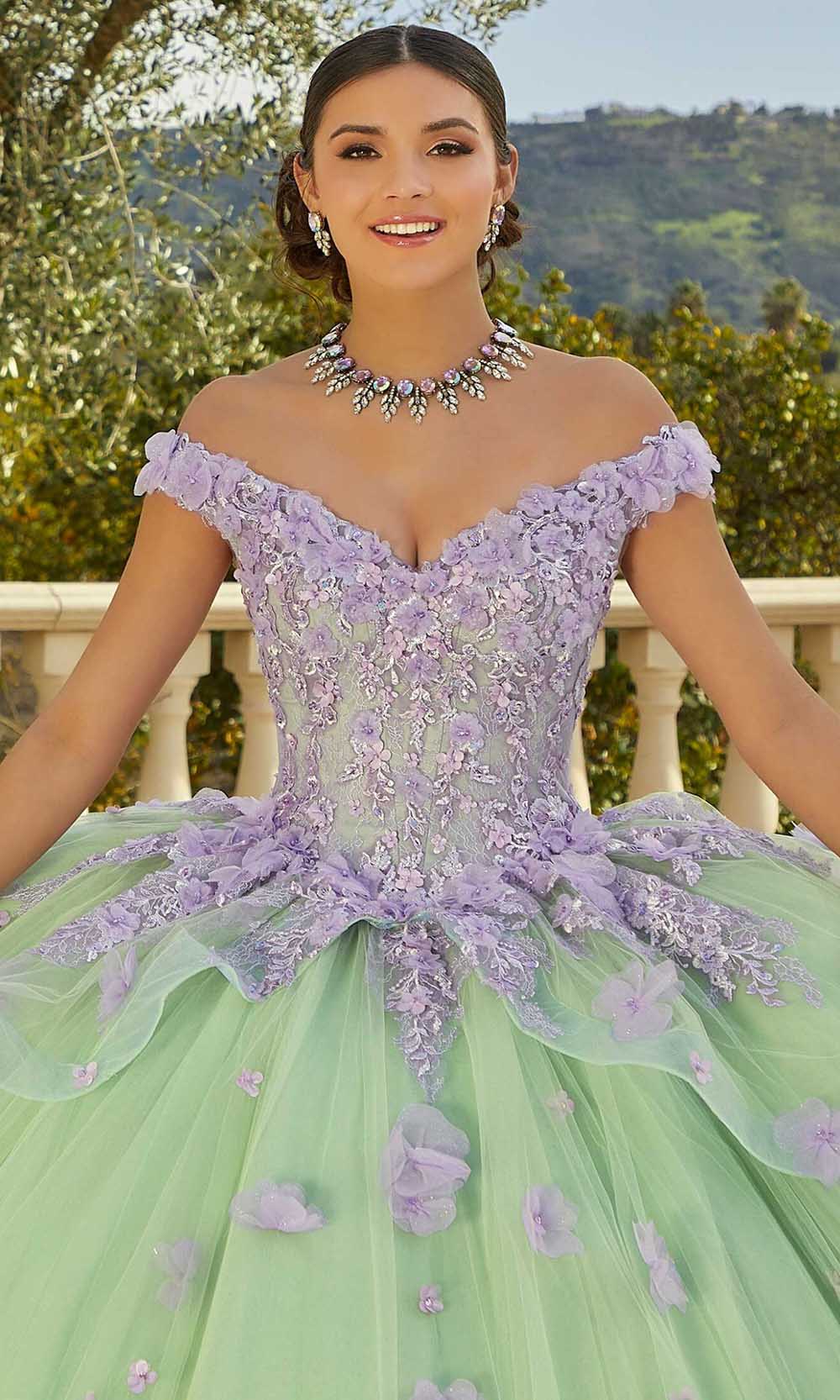 Vizcaya by Mori Lee 89437 - Off-The-Shoulder 3D Floral Applique gown 6 / Sage/Lilac Vizcaya by Mori Lee 89437 - Off-The-Shoulder 3D Floral Applique gown 6 / Sage/Lilac
