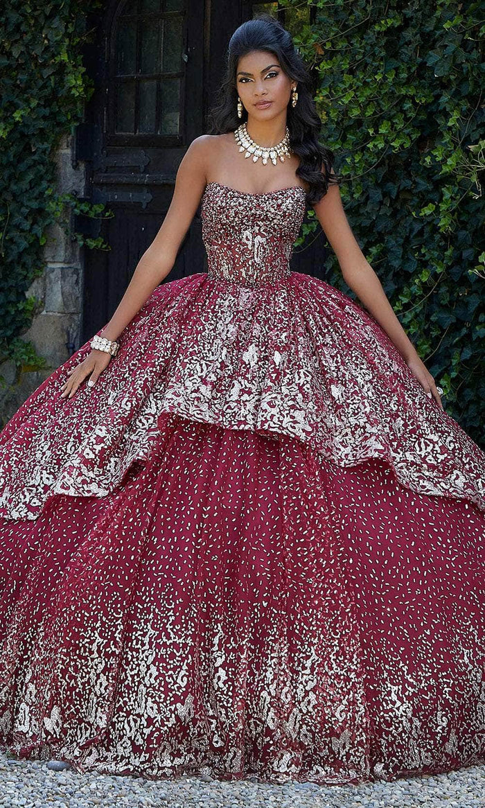 Vizcaya by Mori Lee 89452 - Strapless Bead Embellished Ballgown Ball Gowns 00 / Sangria/Gold