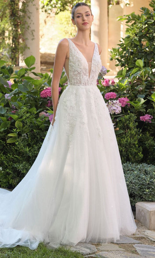 Andrea and Leo WL064 - Plunging V-Neck Floral Applique Ballgown