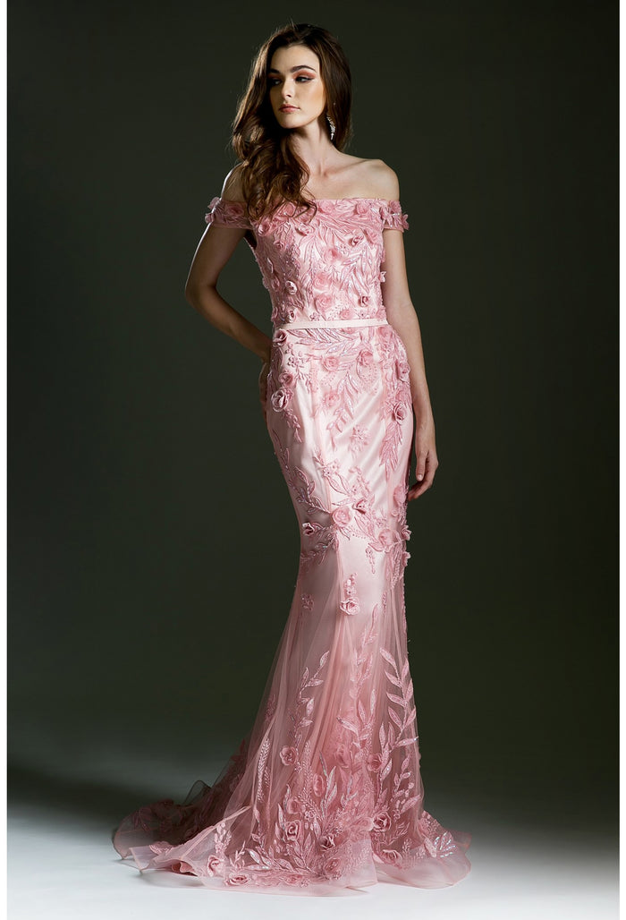 Cinderella Divine 5155 - Off-Shoulder Laced Trumpet Dress In Pink