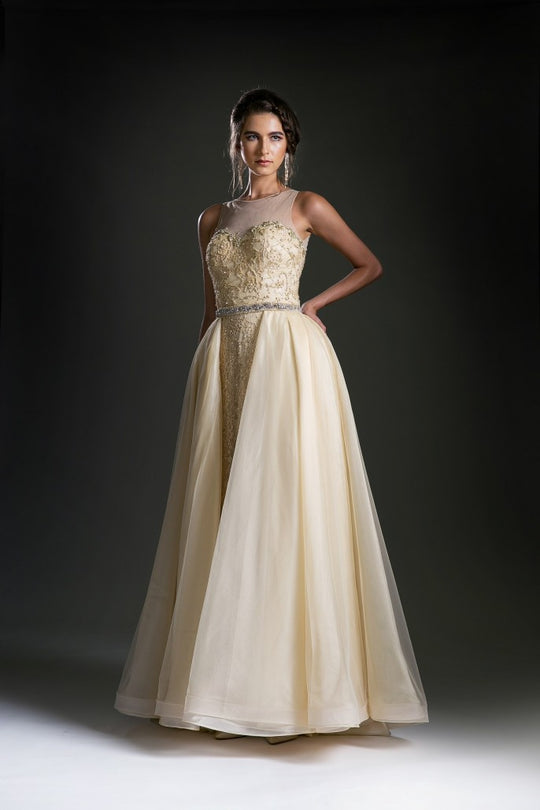 Cinderella Divine 5265 - Tulle Overskirt Beaded Ballgown In Yellow
