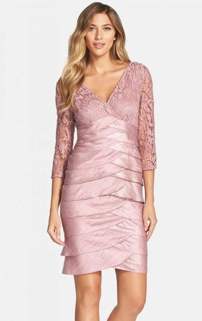 Adrianna Papell 12245620 V-Neck Lace Bodice Tiered Sheath Mini Dress - 1 Pc. Ash Rose in Size 6 Available CCSALE 6 / Ash Rose