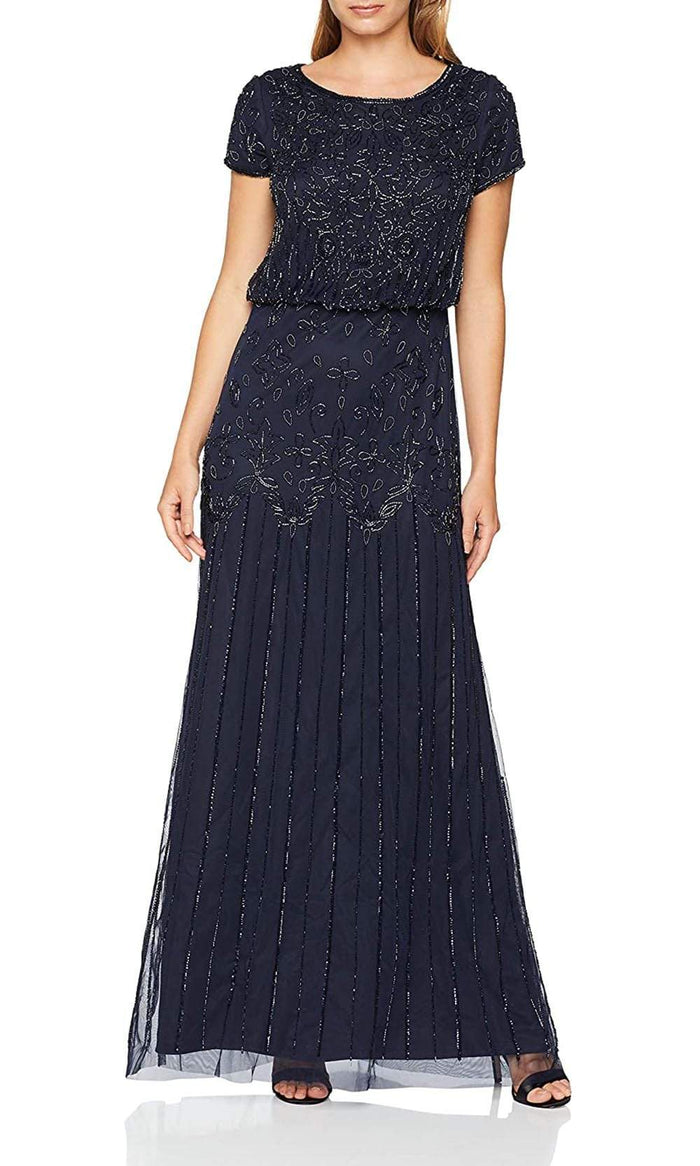 Adrianna Papell - 191906600 Embellished Mesh Blouson Evening Dress Evening Dresses 0 / Navy