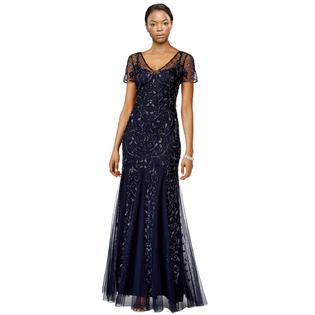 Adrianna Papell - 91918840 Beaded Illusion V-neck Sheath Dress Special Occasion Dress 0 / Navy